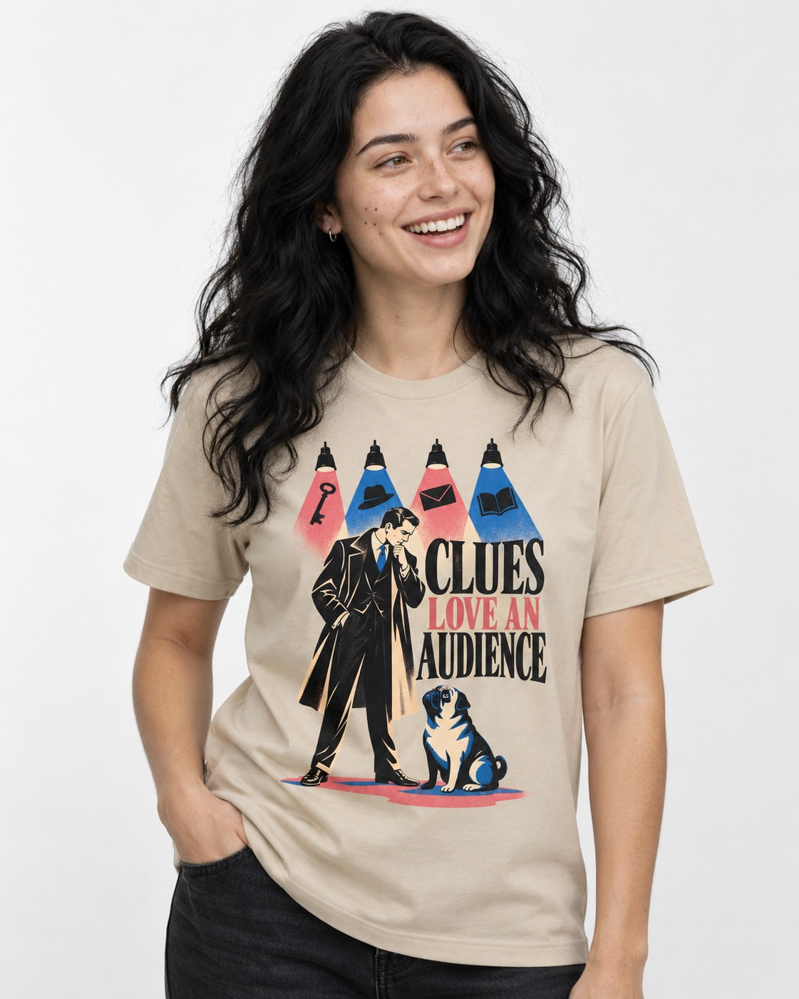 Pug Clues Love an Audience T-Shirt in Sand, worn by a model