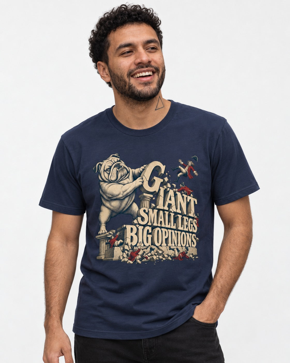 English Bulldog Giant Small Legs Big Opinions Monument Graphic T-Shirt in Navy, worn by a model