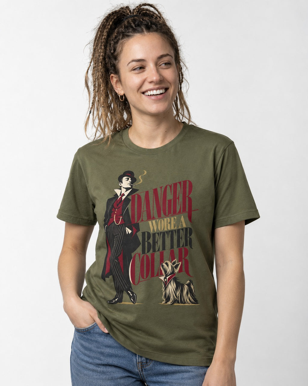 Yorkshire Terrier Danger Wore a Better Collar Art Deco Graphic T-Shirt in Heather Military Green, worn by a model