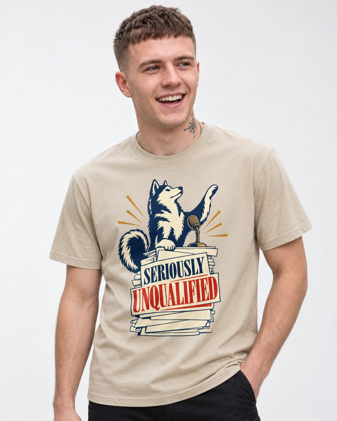 Seriously Unqualified Husky T-Shirt in Sand, worn by a model