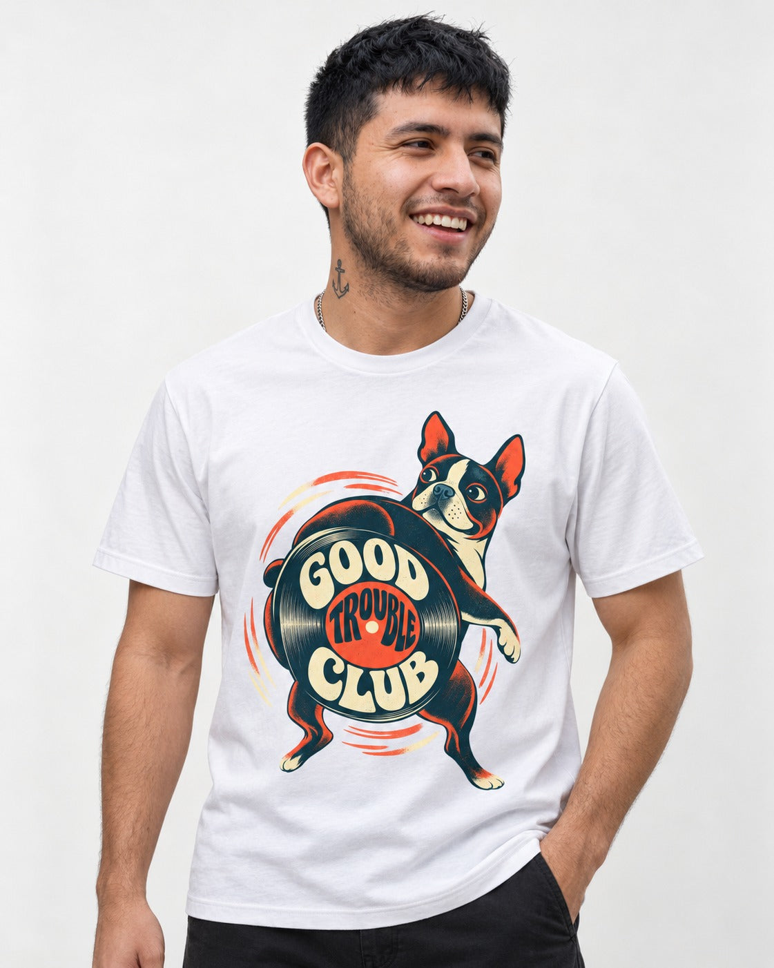 Good Trouble Club Boston Terrier T-Shirt in White, worn by a model