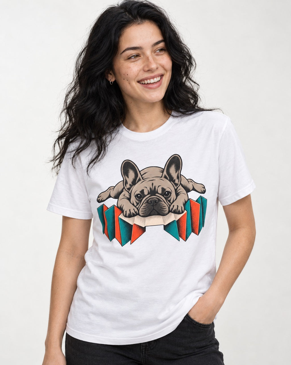 Frenchie Sploot Press Graphic T-Shirt in White, worn by a model