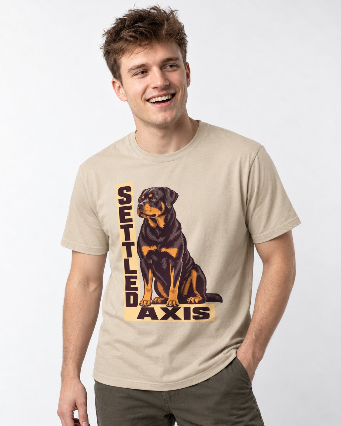 Settled Axis Rottweiler T-Shirt in Sand, worn by a model