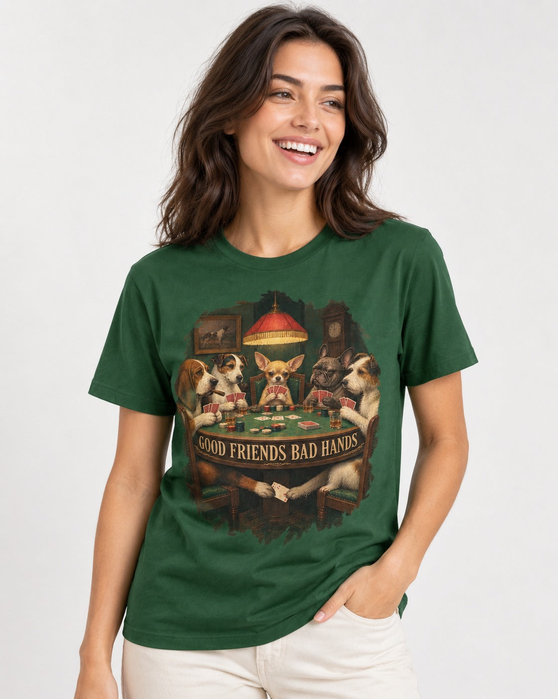 Good Friends Bad Hands Chihuahua Poker Scene T-Shirt in Forest Green, worn by a model
