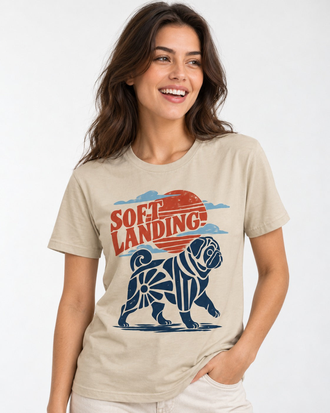 Pug's Soft Landing T-Shirt in Sand, worn by a model
