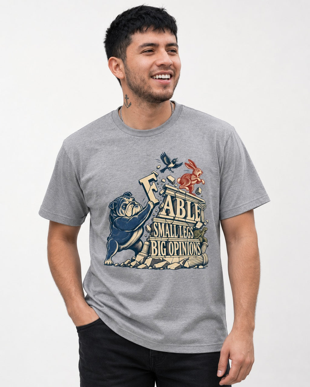 Small Legs Big Opinions English Bulldog T-Shirt in Sport Grey, worn by a model
