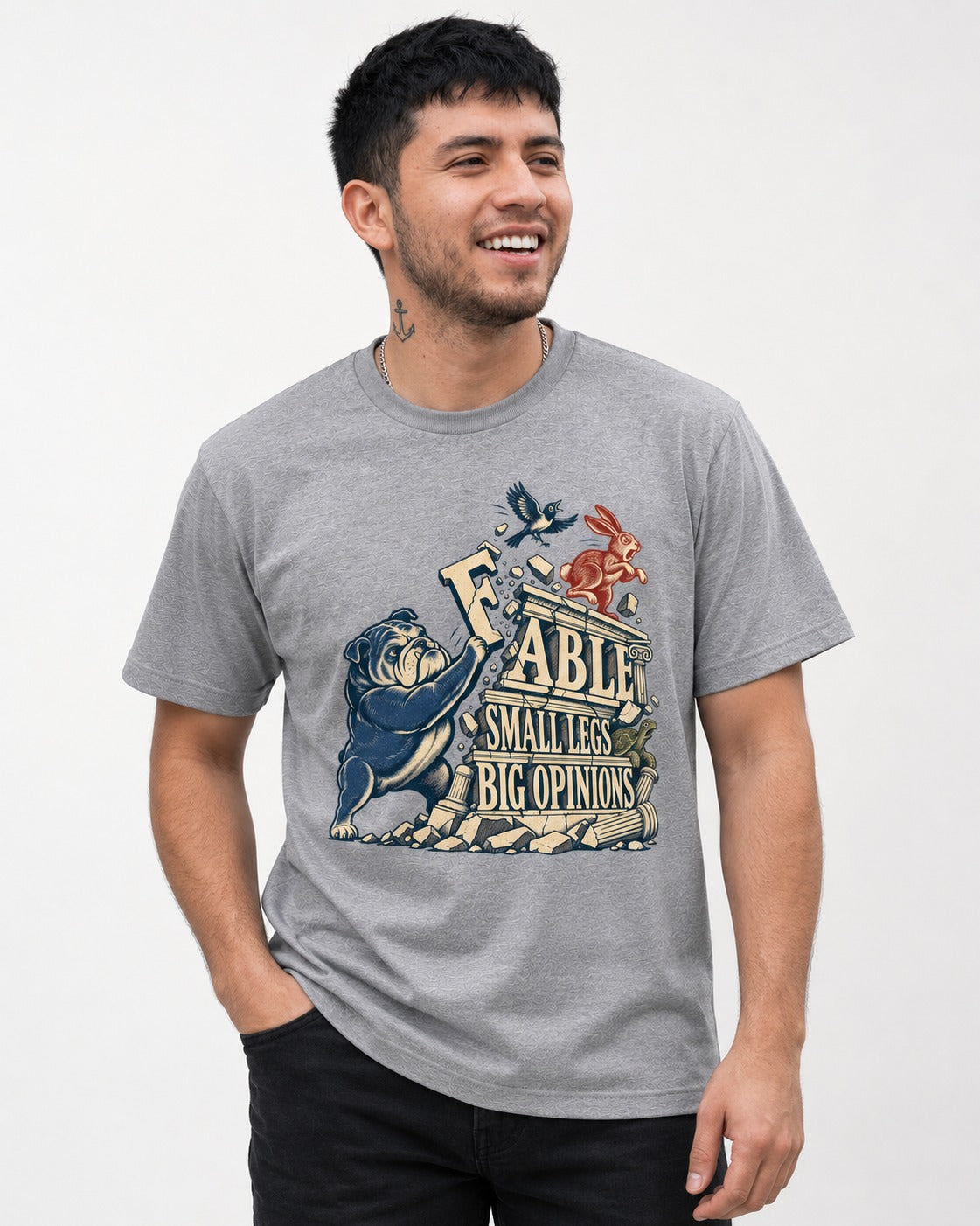 Small Legs Big Opinions English Bulldog T-Shirt in Sport Grey, worn by a model