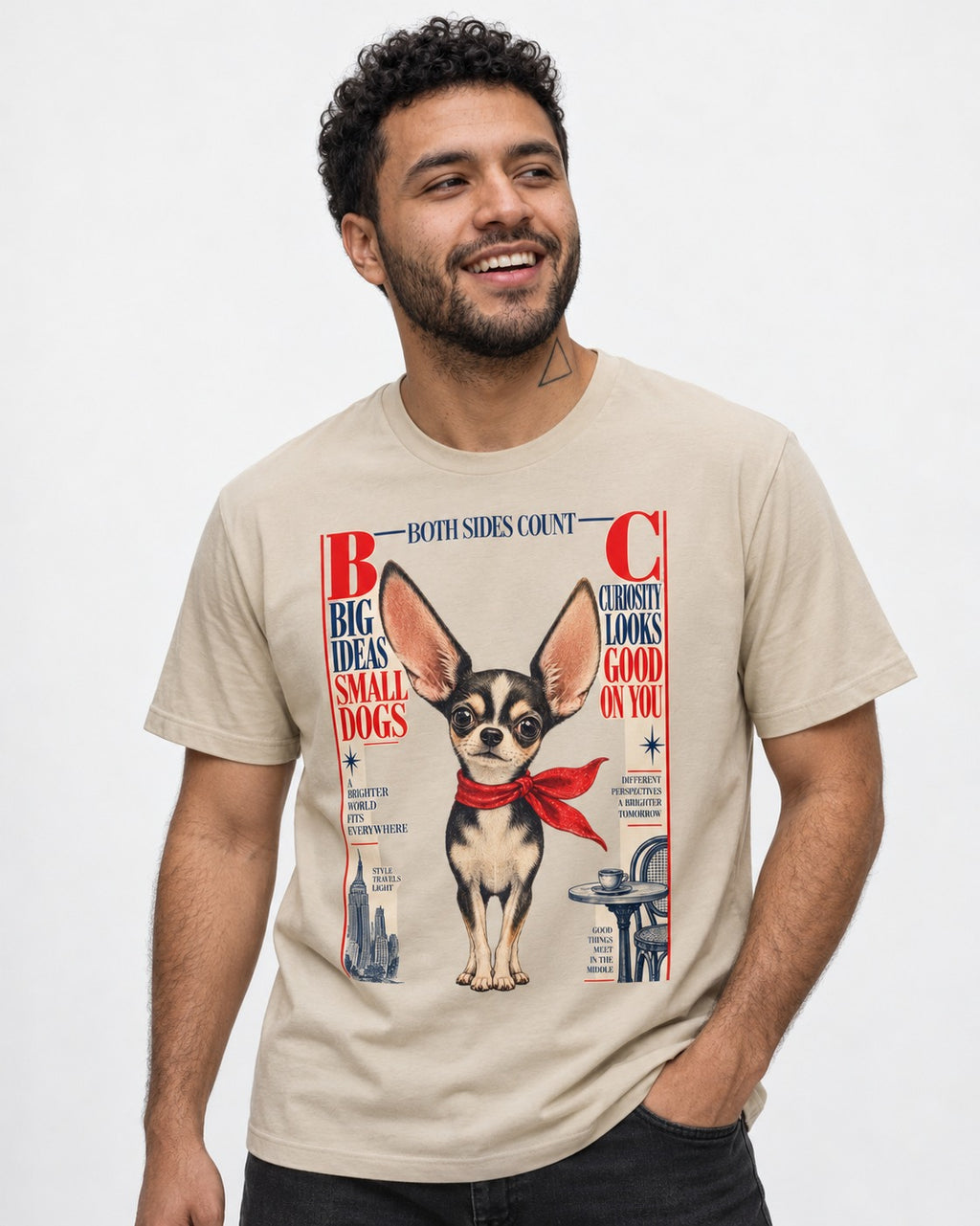 Chihuahua Big Ideas T-Shirt in Sand, worn by a model