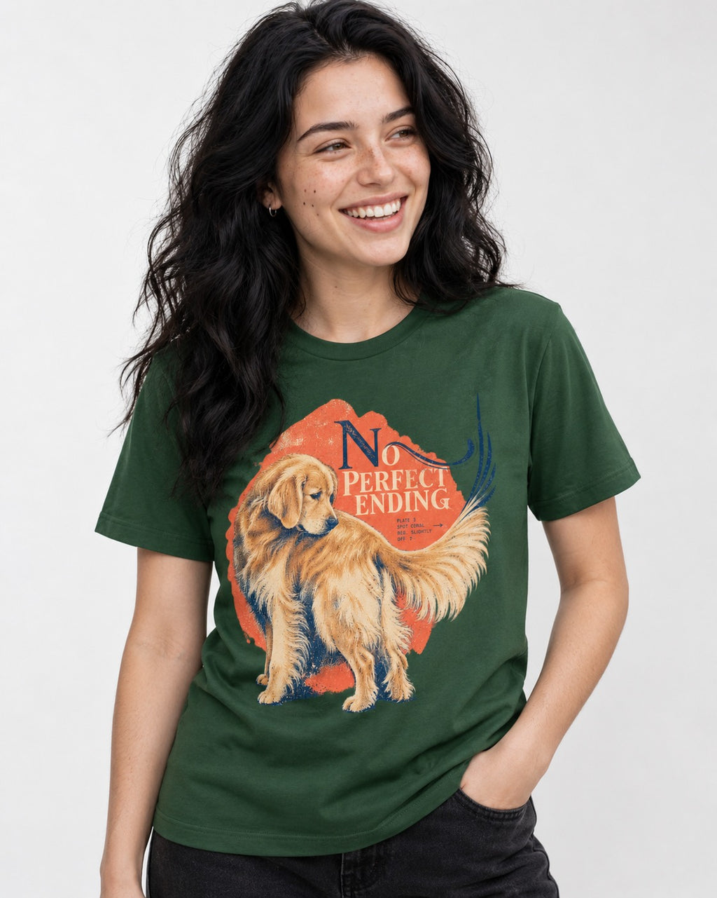 Golden Retriever No Perfect Ending Misregistration Graphic T-Shirt in Forest Green, worn by a model