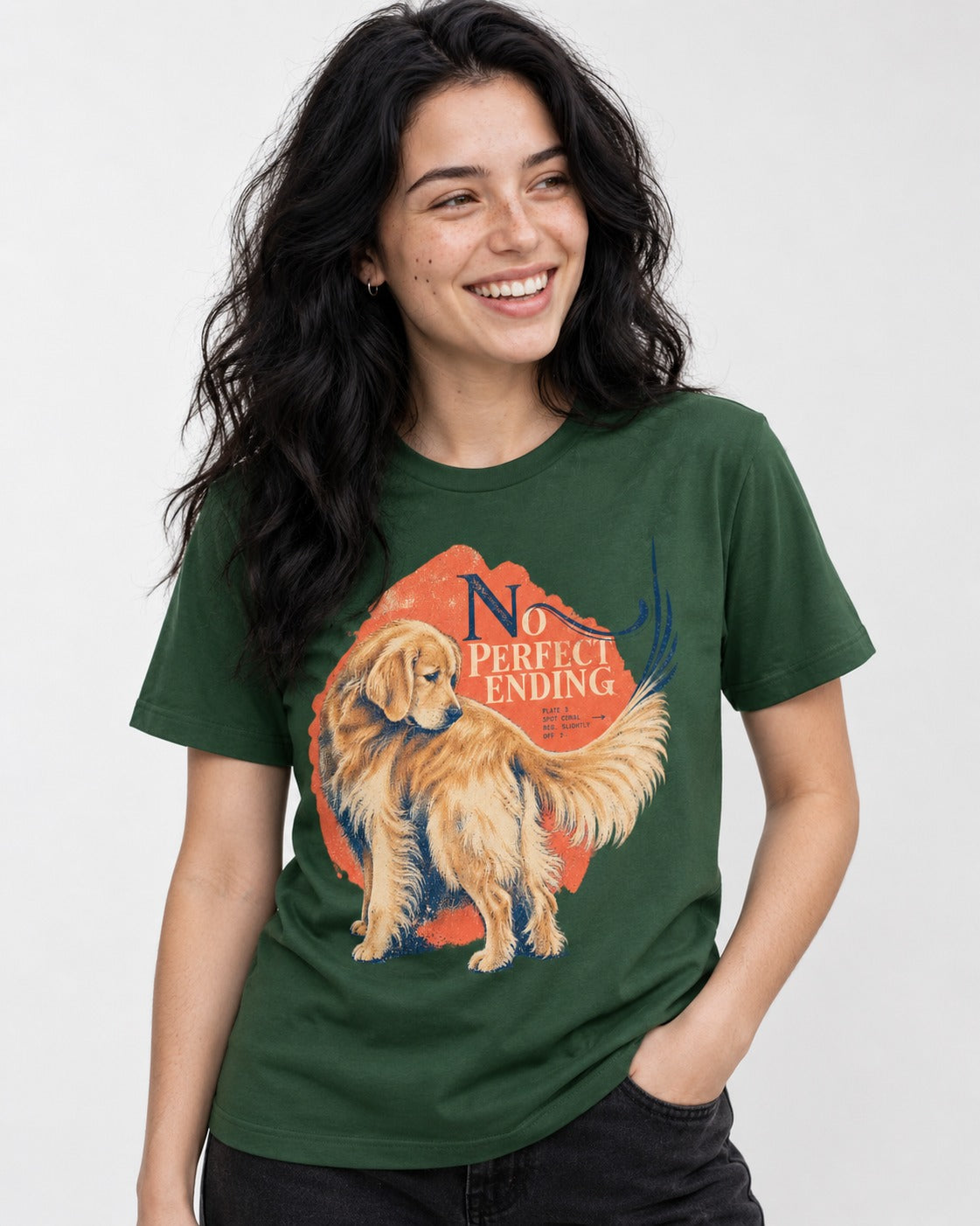 Golden Retriever No Perfect Ending Misregistration Graphic T-Shirt in Forest Green, worn by a model