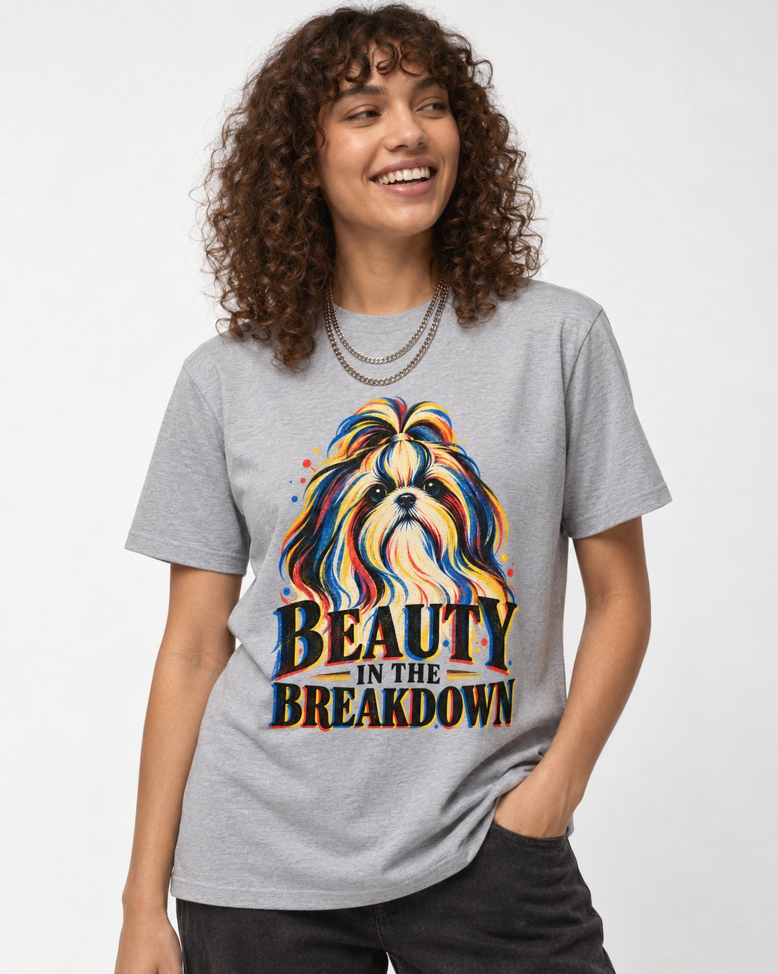 Shih Tzu Beauty in the Breakdown T-Shirt in Sport Grey, worn by a model