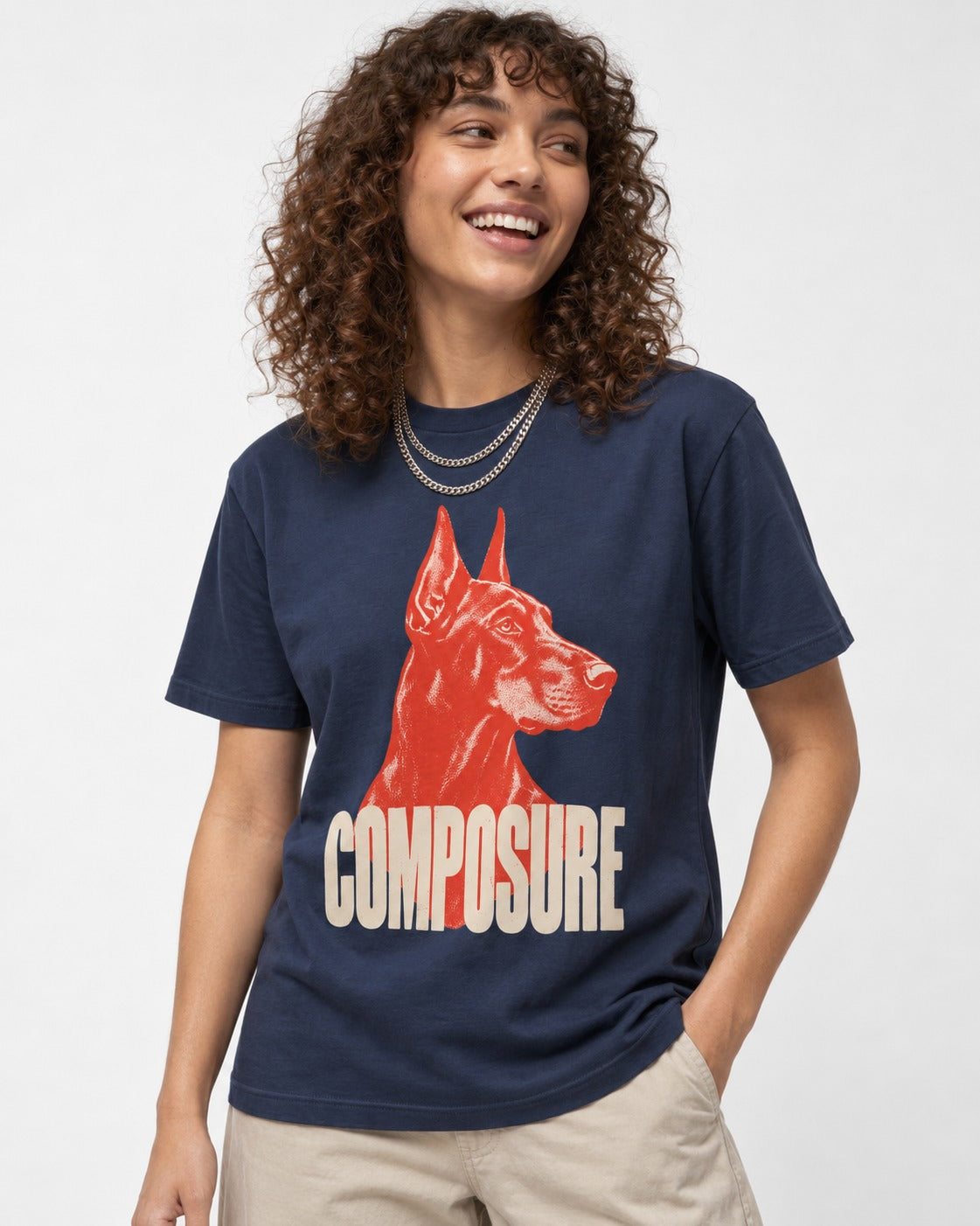 Doberman Composure Portrait Graphic T-Shirt in Navy, worn by a model