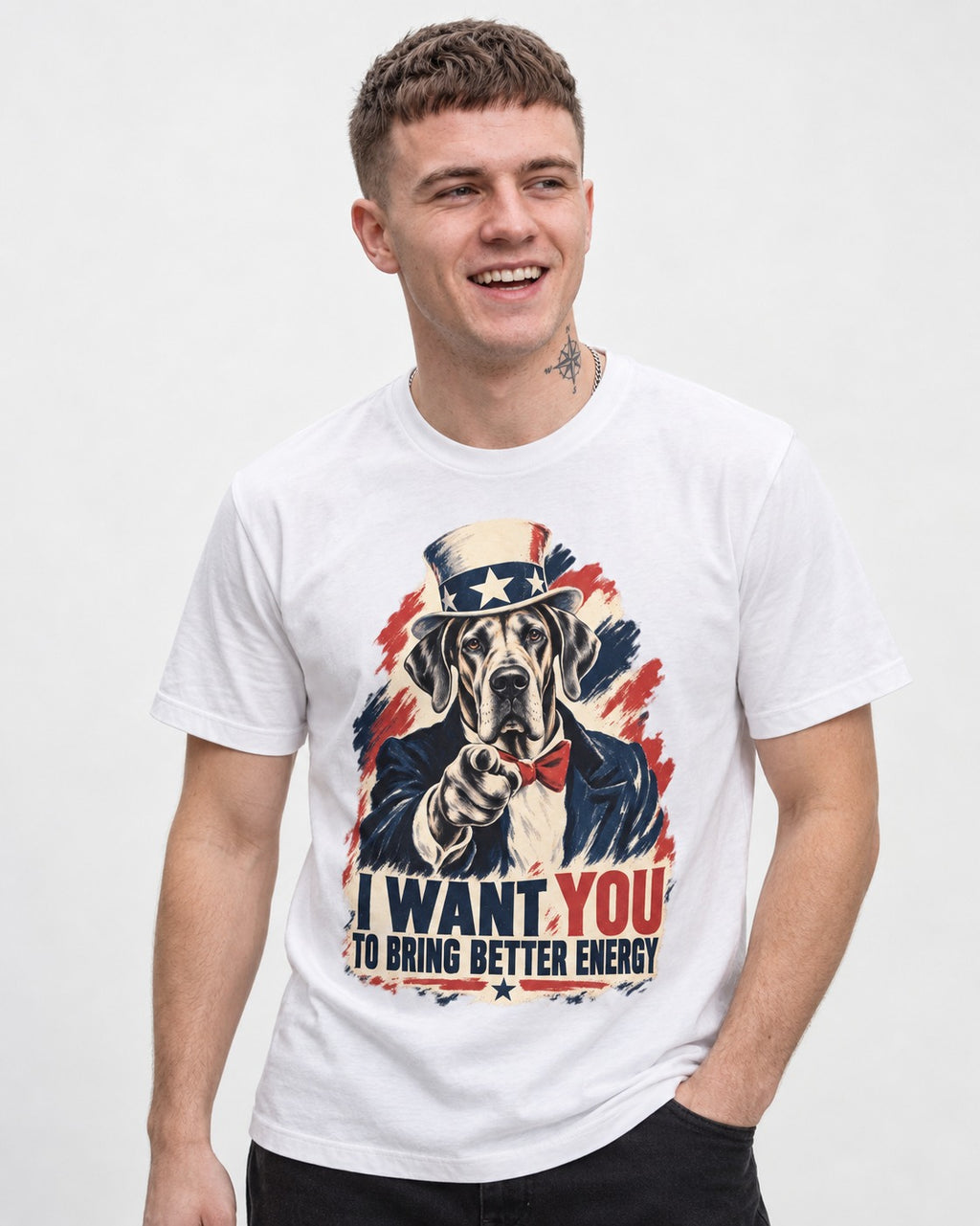 Great Dane I Want You to Bring Better Energy Uncle Sam Graphic T-Shirt in White, worn by a model