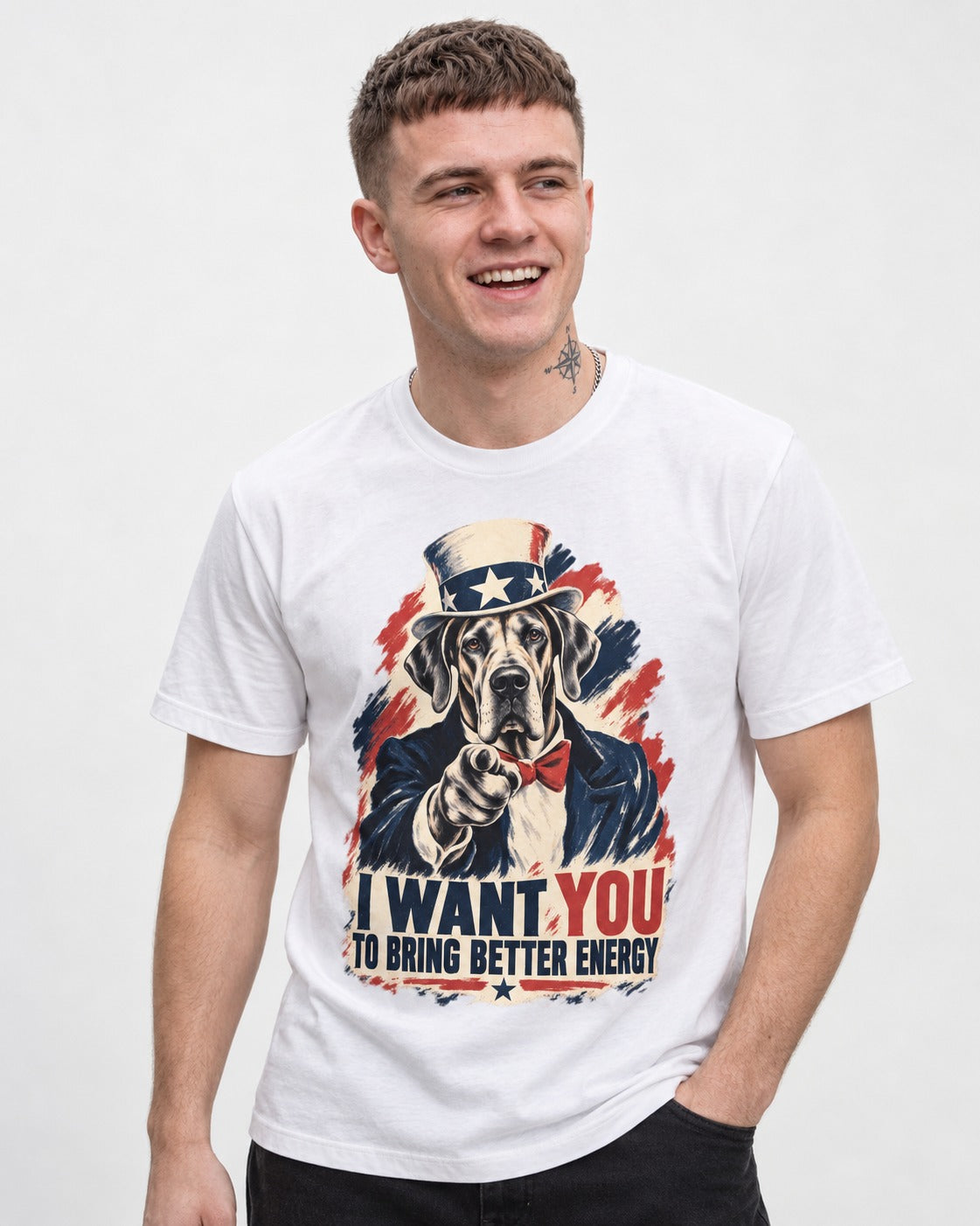 Great Dane I Want You to Bring Better Energy Uncle Sam Graphic T-Shirt in White, worn by a model