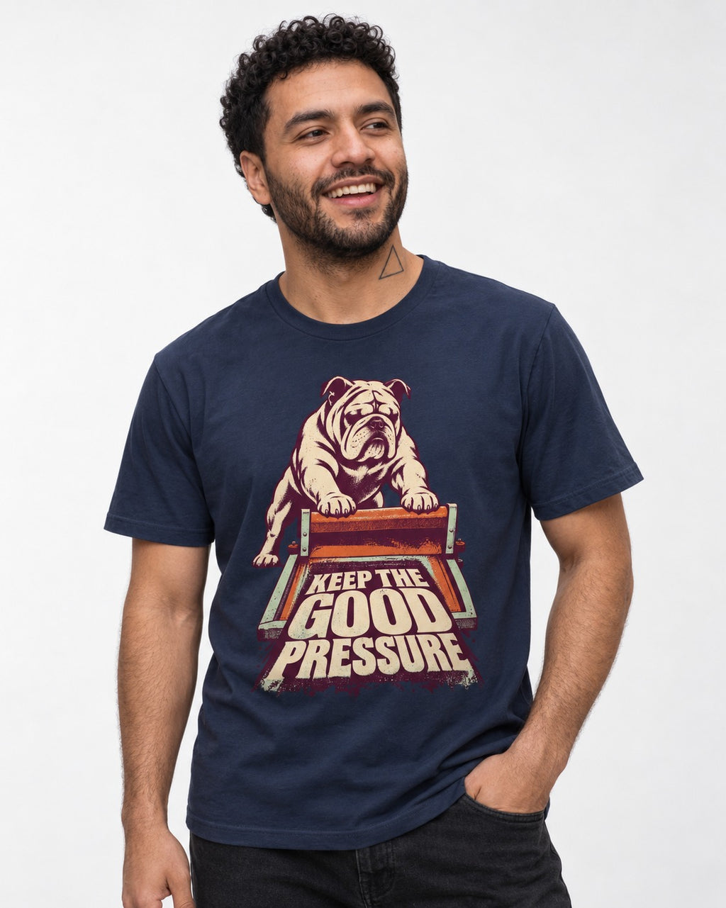 English Bulldog Keep the Good Pressure Printing Press Graphic T-Shirt in Navy, worn by a model