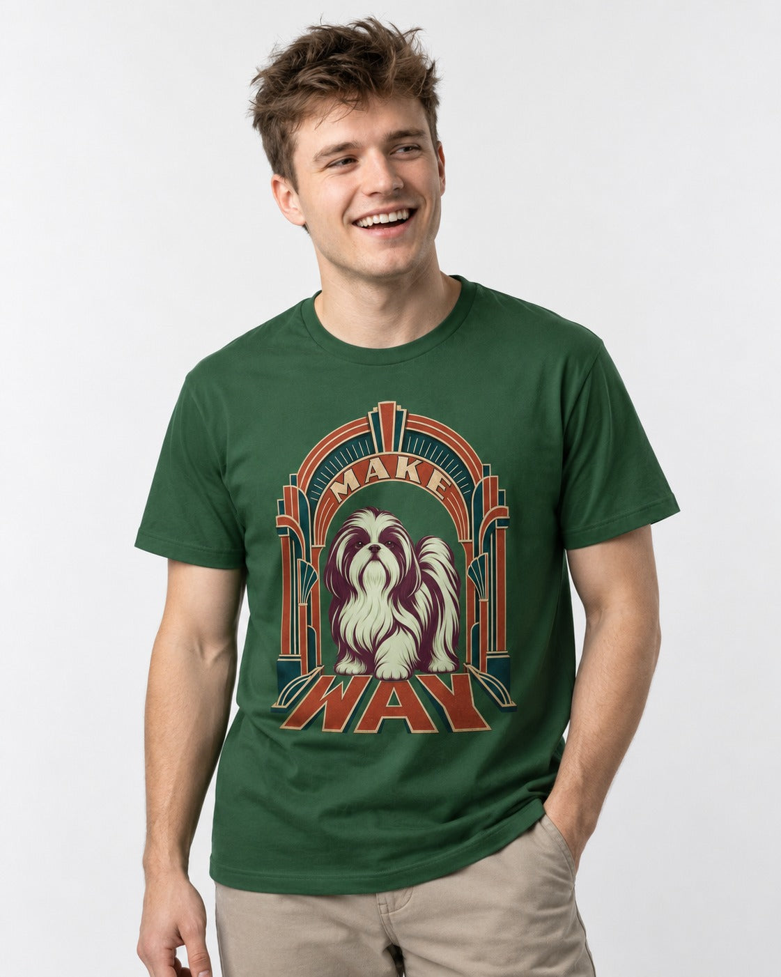 Shih Tzu Make Way Art Deco Arch Portrait T-Shirt in Forest Green, worn by a model