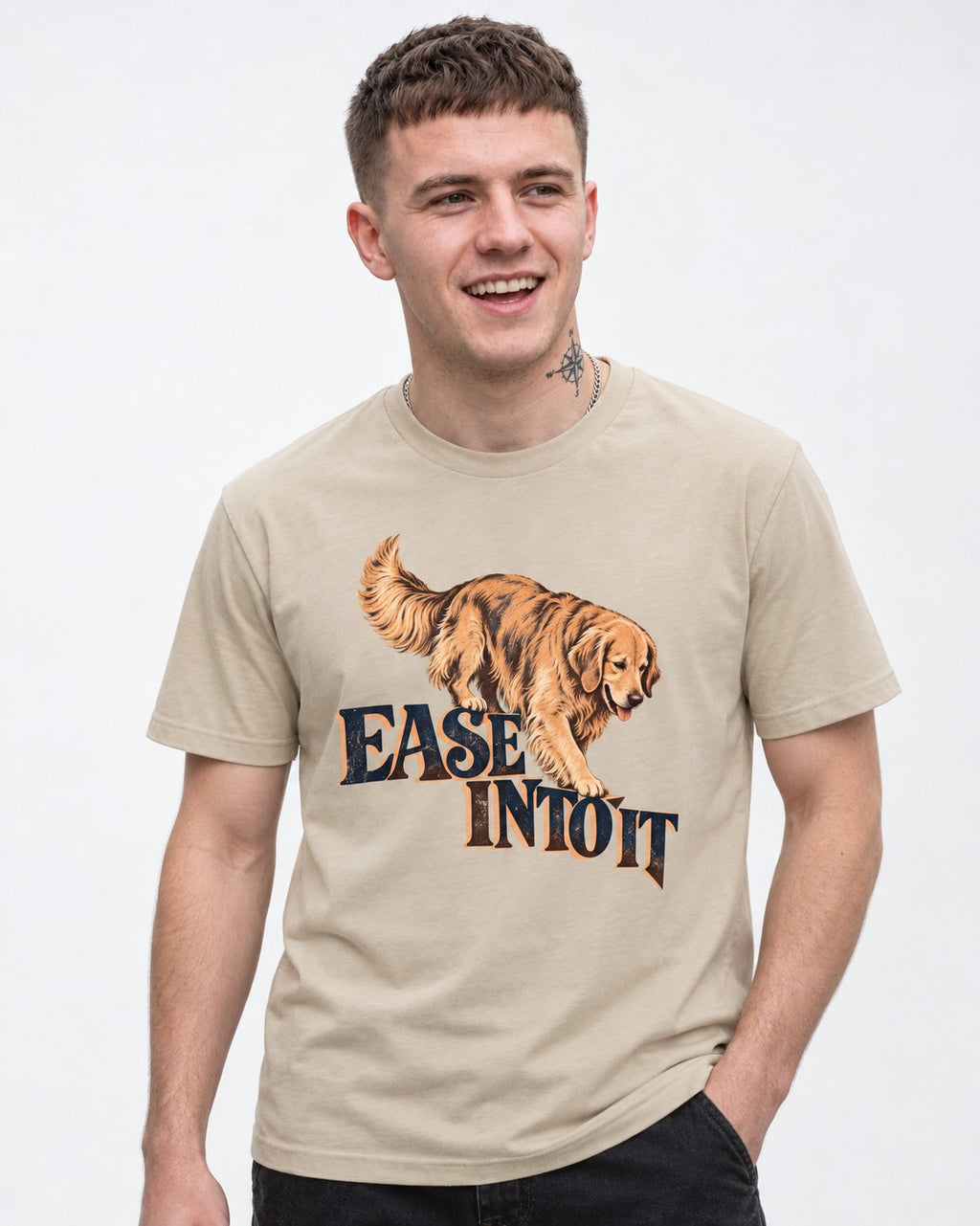 Golden Retriever Ease Into It T-Shirt in Sand, worn by a model