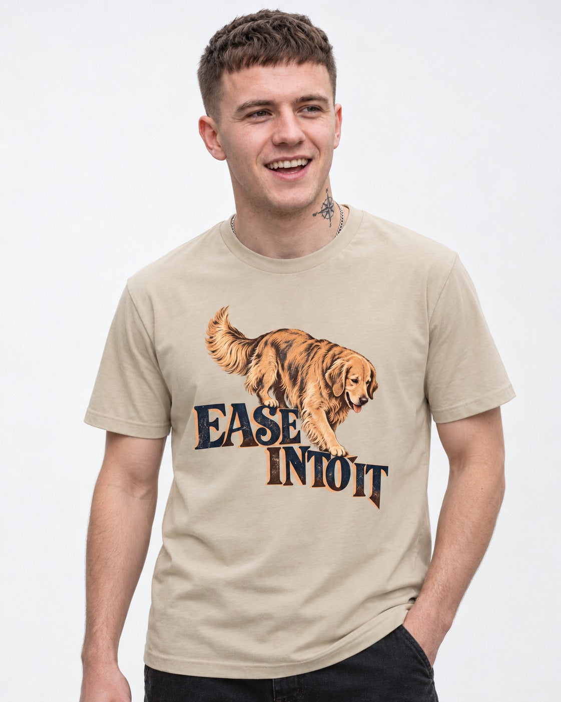 Golden Retriever Ease Into It T-Shirt in Sand, worn by a model