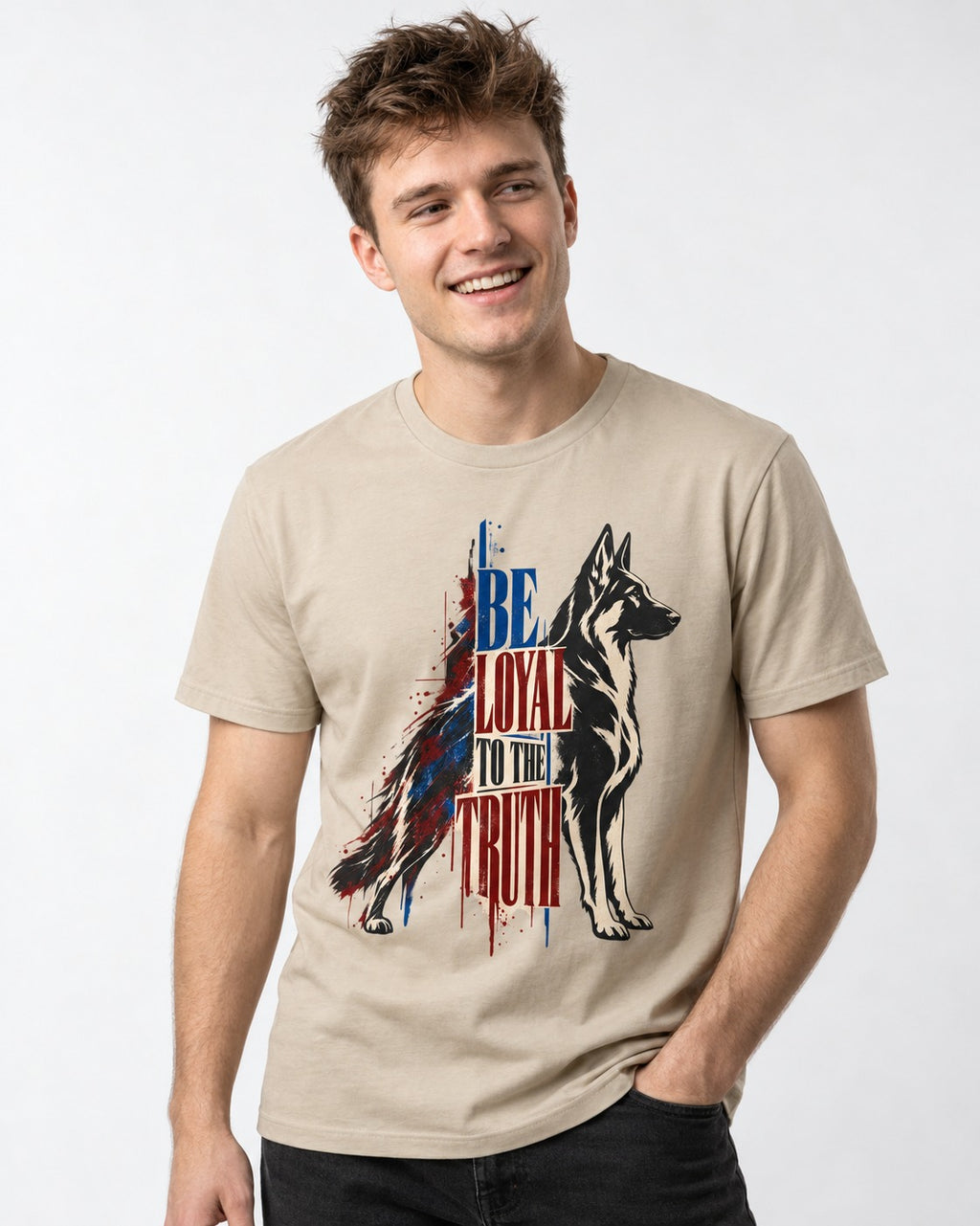 Loyal to the Truth German Shepherd Dog T-Shirt in Sand, worn by a model