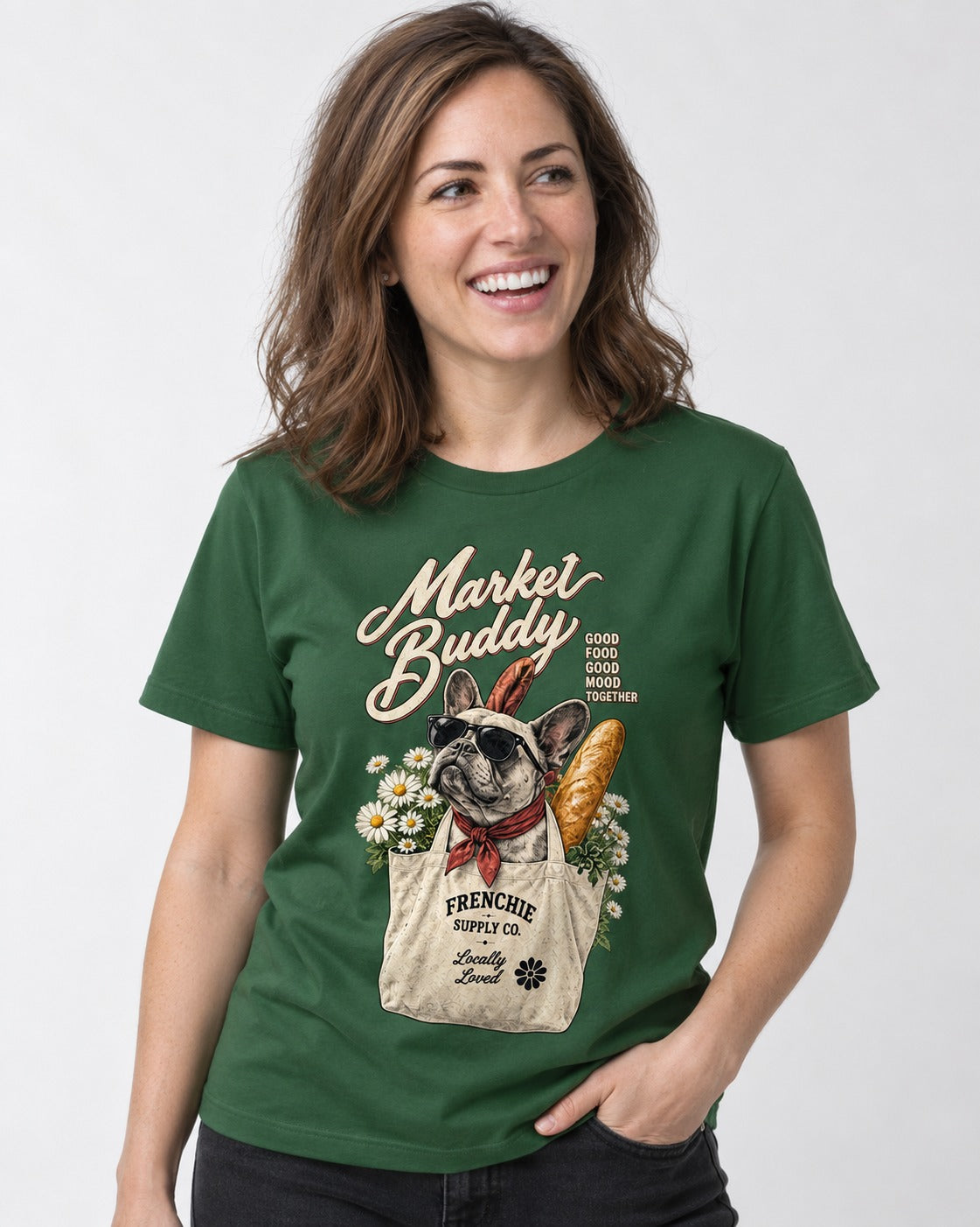 Frenchie Market Buddy Grocery Tote Graphic T-Shirt in Forest Green, worn by a model