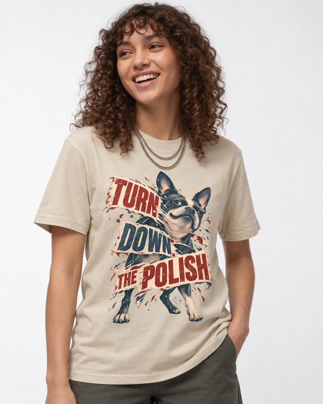 Turn Down the Polish Boston Terrier T-Shirt in Sand, worn by a model