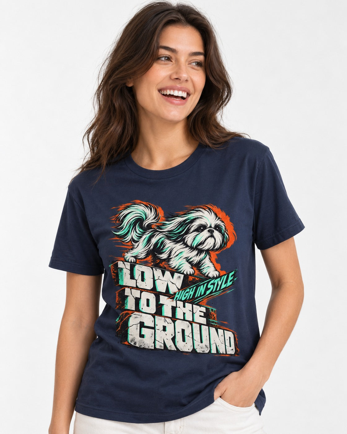 Shih Tzu Low to the Ground High in Style Streetwear Graphic T-Shirt in Navy, worn by a model