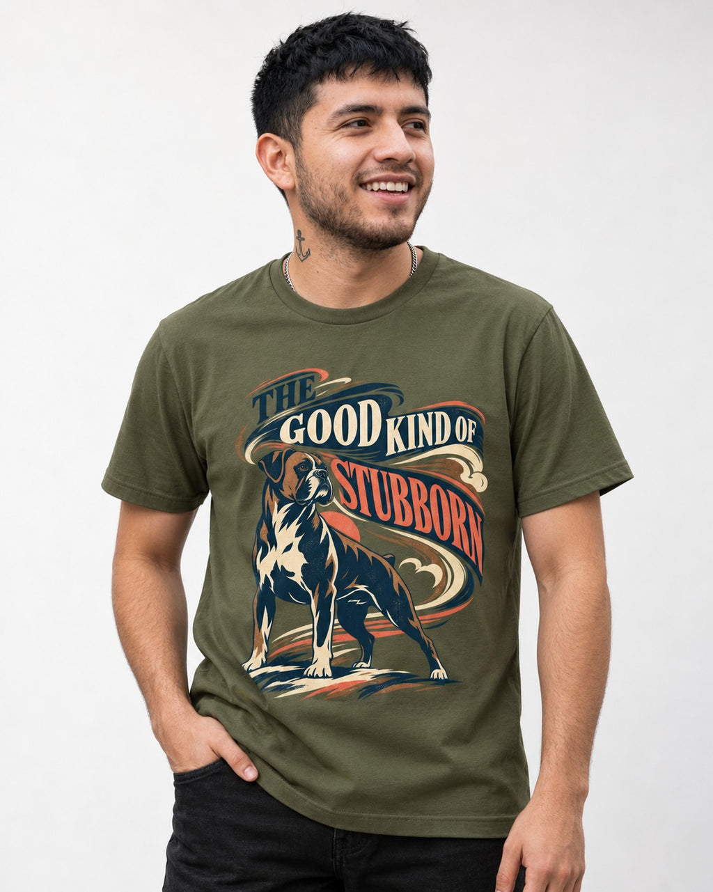 Boxer The Good Kind of Stubborn T-Shirt in Heather Military Green, worn by a model