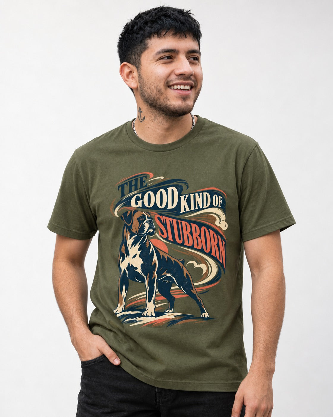 Boxer The Good Kind of Stubborn T-Shirt in Heather Military Green, worn by a model