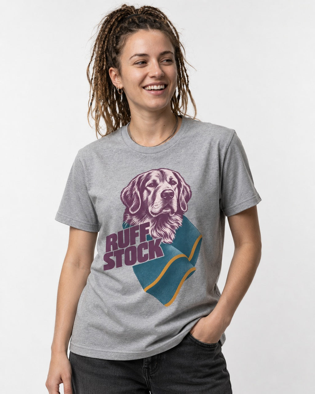 Golden Retriever Ruff Stock T-Shirt in Sport Grey, worn by a model