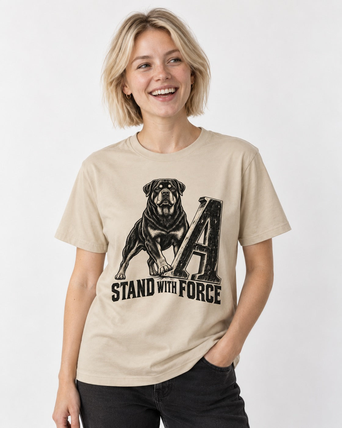 Rottweiler Stand with Force T-Shirt in Sand, worn by a model
