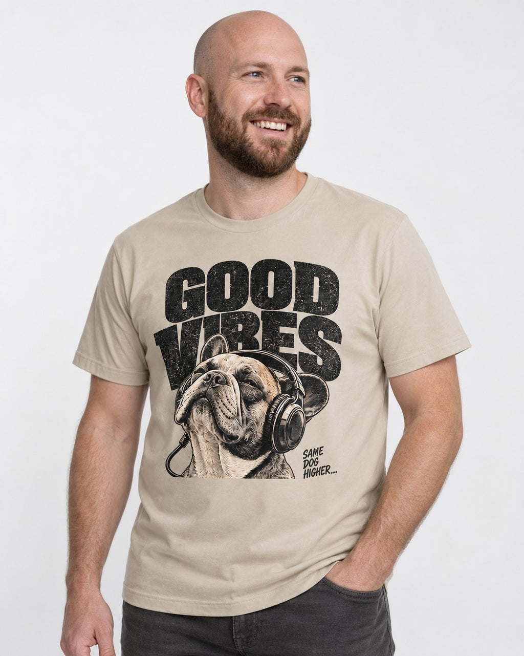 Frenchie Good Vibes T-Shirt in Sand, worn by a model