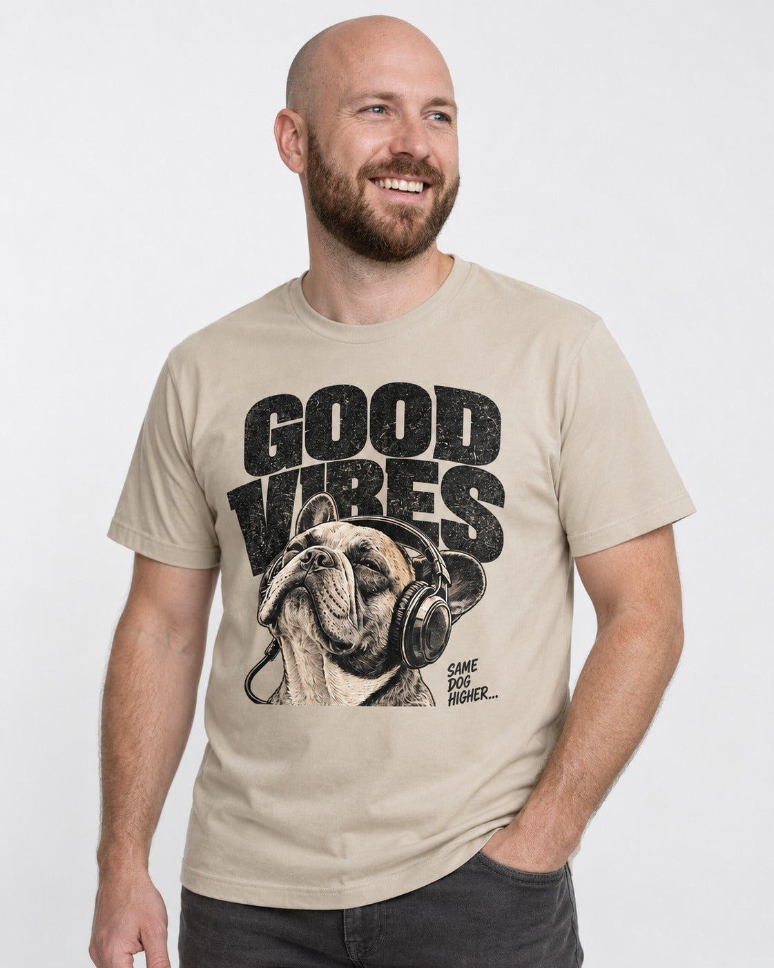 Frenchie Good Vibes T-Shirt in Sand, worn by a model