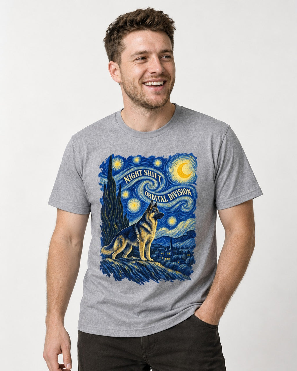 German Shepherd Dog Night Shift Orbital Division Starry Night T-Shirt in Sport Grey, worn by a model