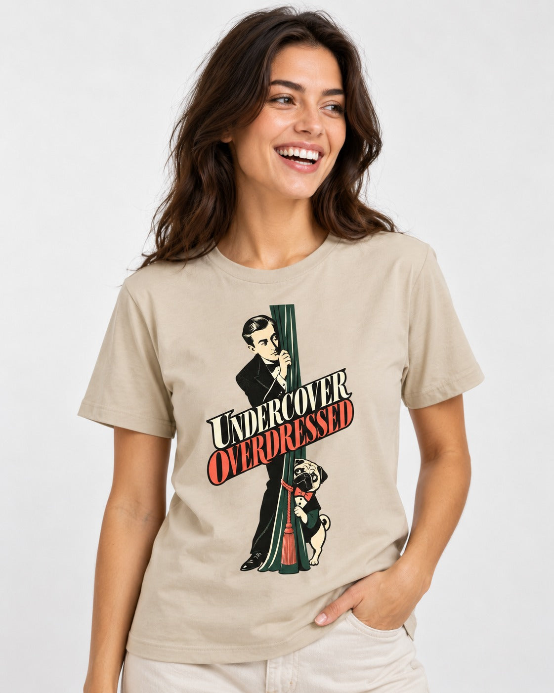 Undercover Overdressed Pug T-Shirt in Sand, worn by a model