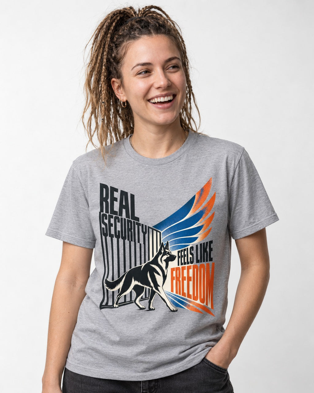 German Shepherd Dog Feels Like Freedom T-Shirt in Sport Grey, worn by a model