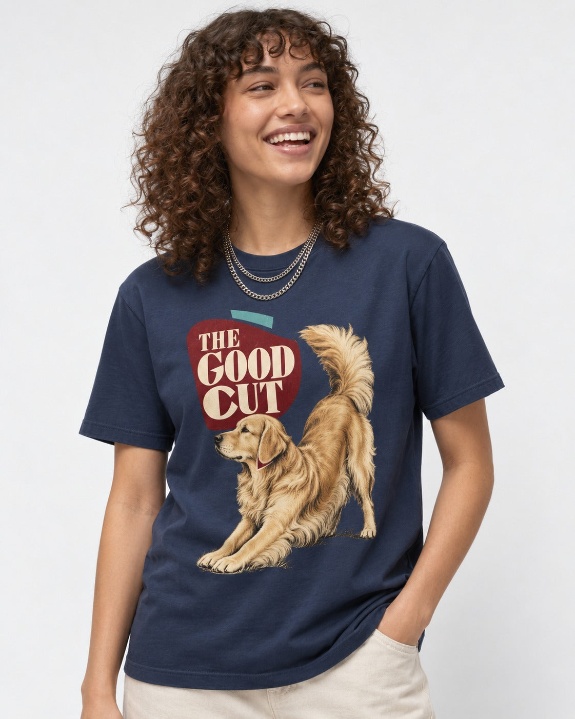 Golden Retriever The Good Cut Play Bow Graphic T-Shirt in Navy, worn by a model