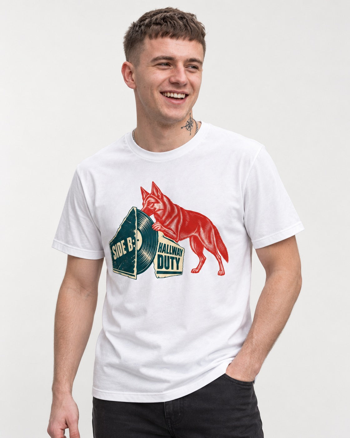 Side B Hallway Duty Vinyl Record German Shepherd Dog Graphic T-Shirt in White, worn by a model
