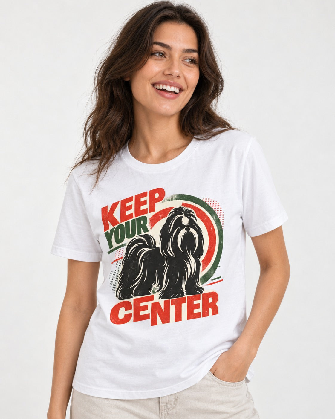 Shih Tzu Keep Your Center Retro Target Graphic T-Shirt in White, worn by a model