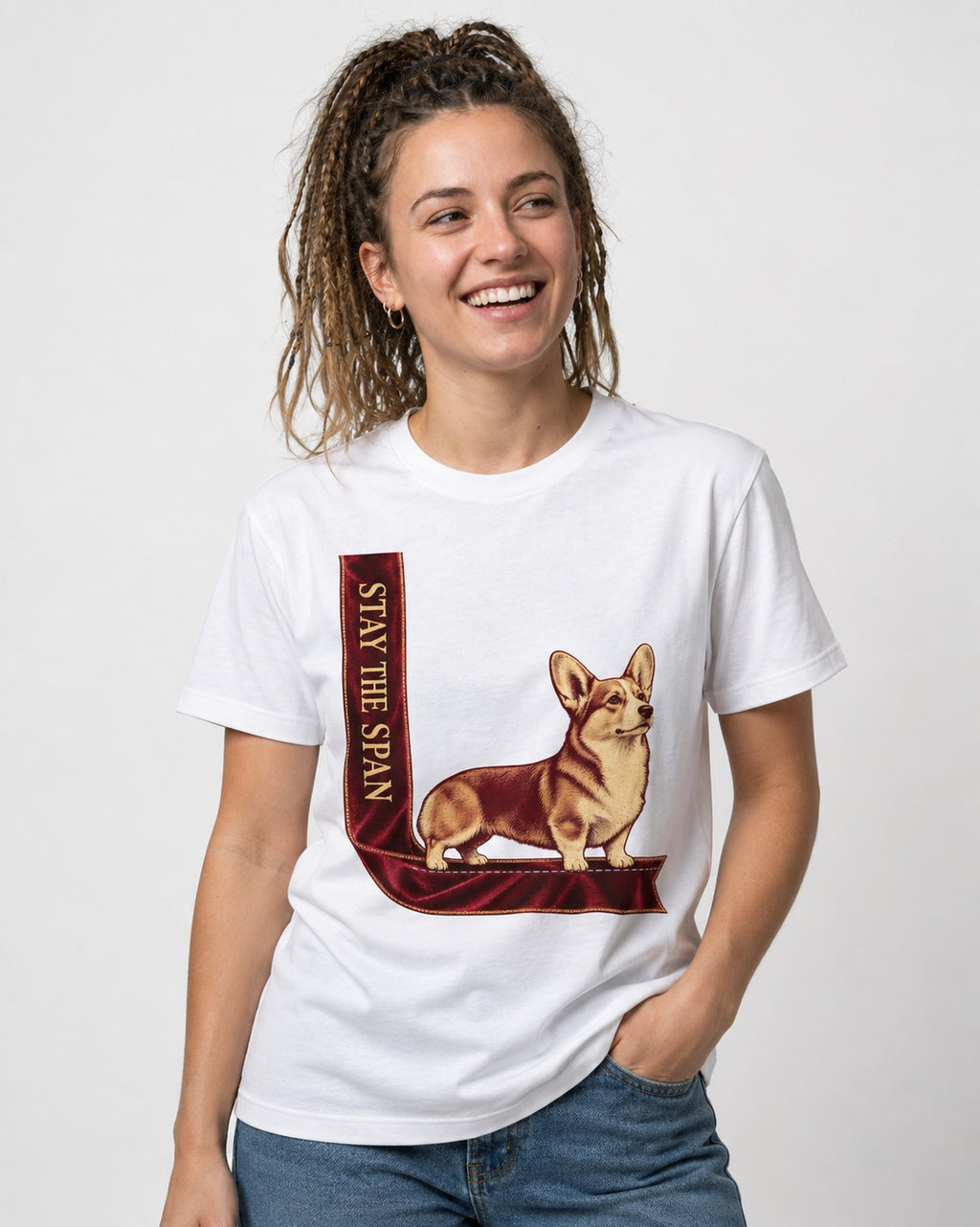 Corgi Stay the Span Ribbon T-Shirt in White, worn by a model