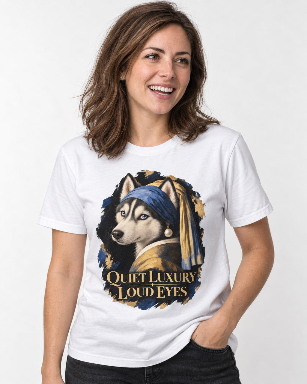 Husky Quiet Luxury Loud Eyes Pearl Portrait Graphic T-Shirt in White, worn by a model
