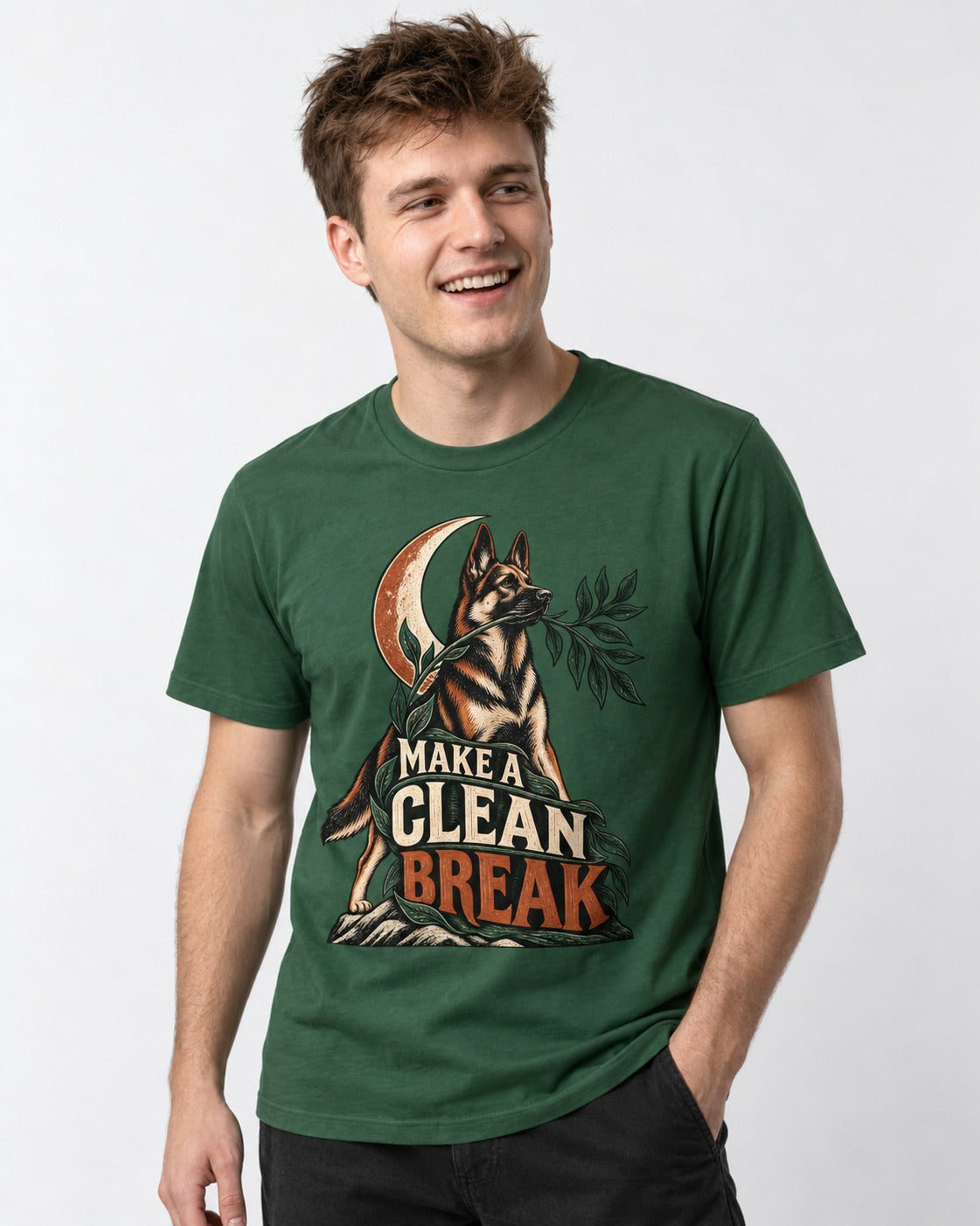 Make A Clean Break Crescent Botanical German Shepherd Dog Graphic T-Shirt in Forest Green, worn by a model