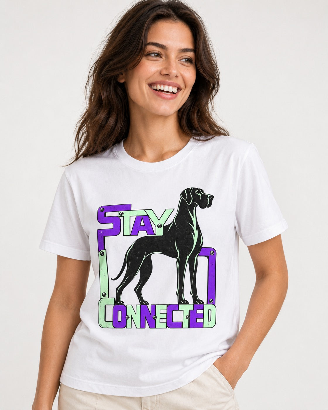 Great Dane Stay Connected Modular Frame Graphic T-Shirt in White, worn by a model