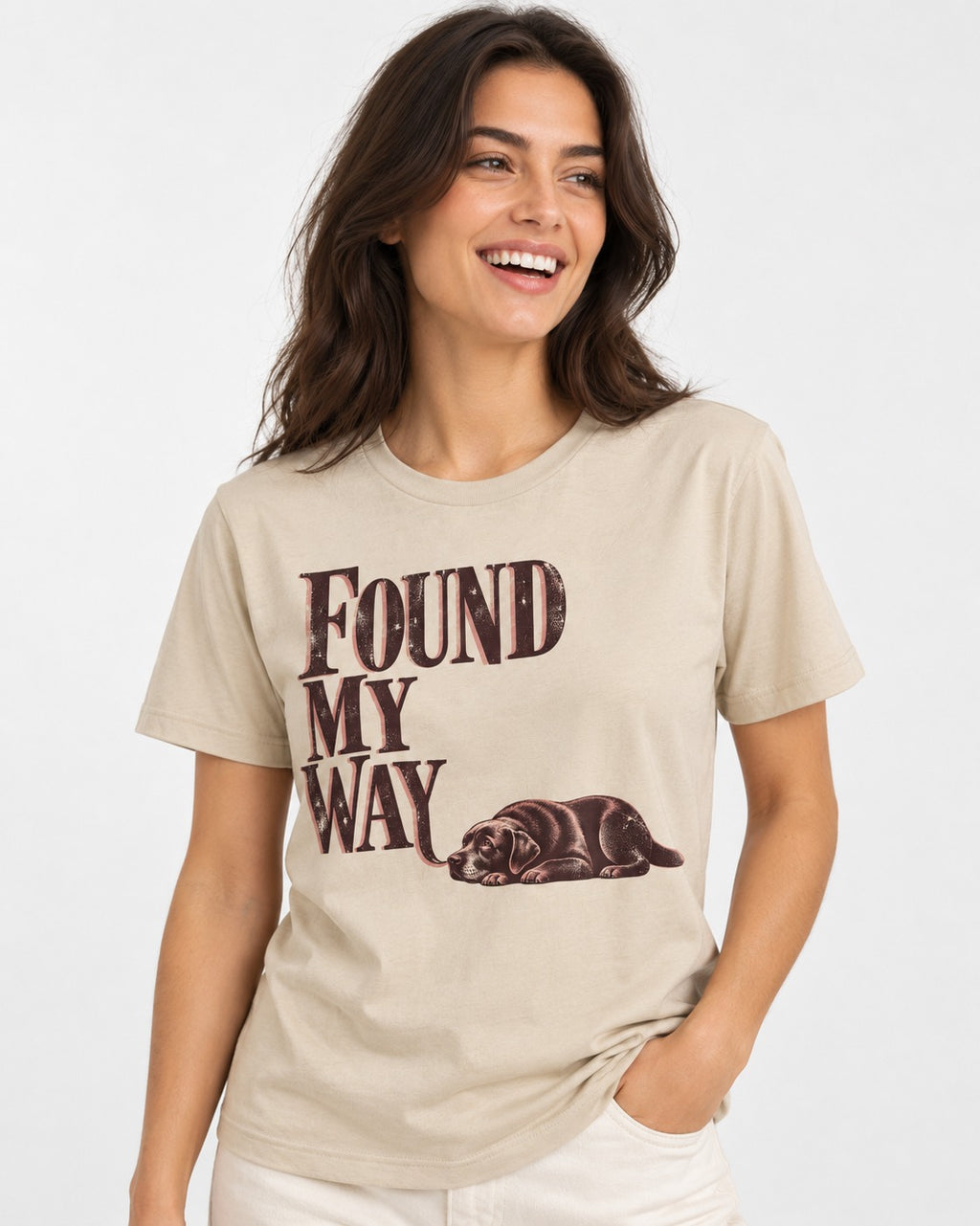 Found My Way Labrador Retriever T-Shirt in Sand, worn by a model