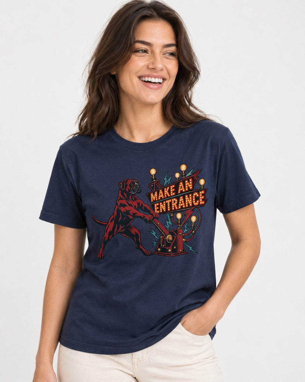 Boxer Make an Entrance T-Shirt in Navy, worn by a model