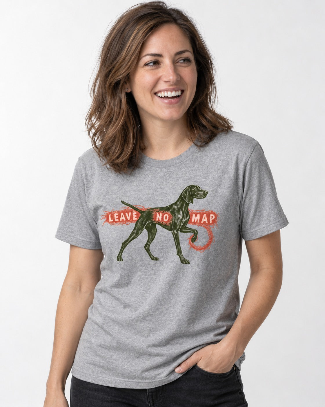 Leave No Map German Shorthaired Pointer T-Shirt in Sport Grey, worn by a model