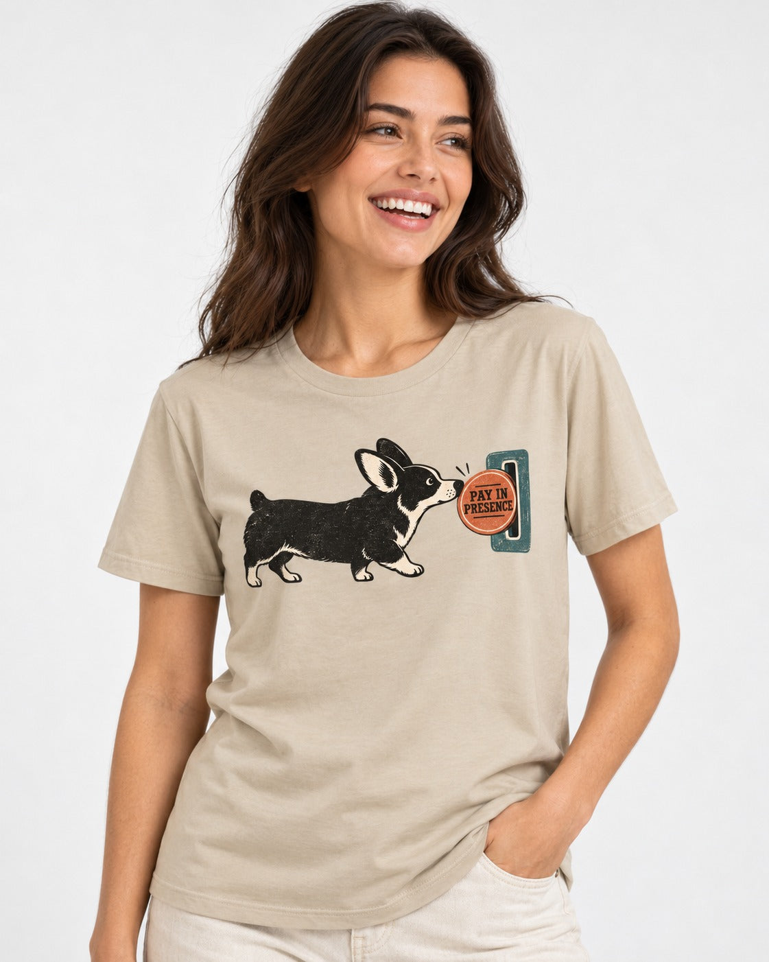 Corgi Pay in Presence T-Shirt in Sand, worn by a model