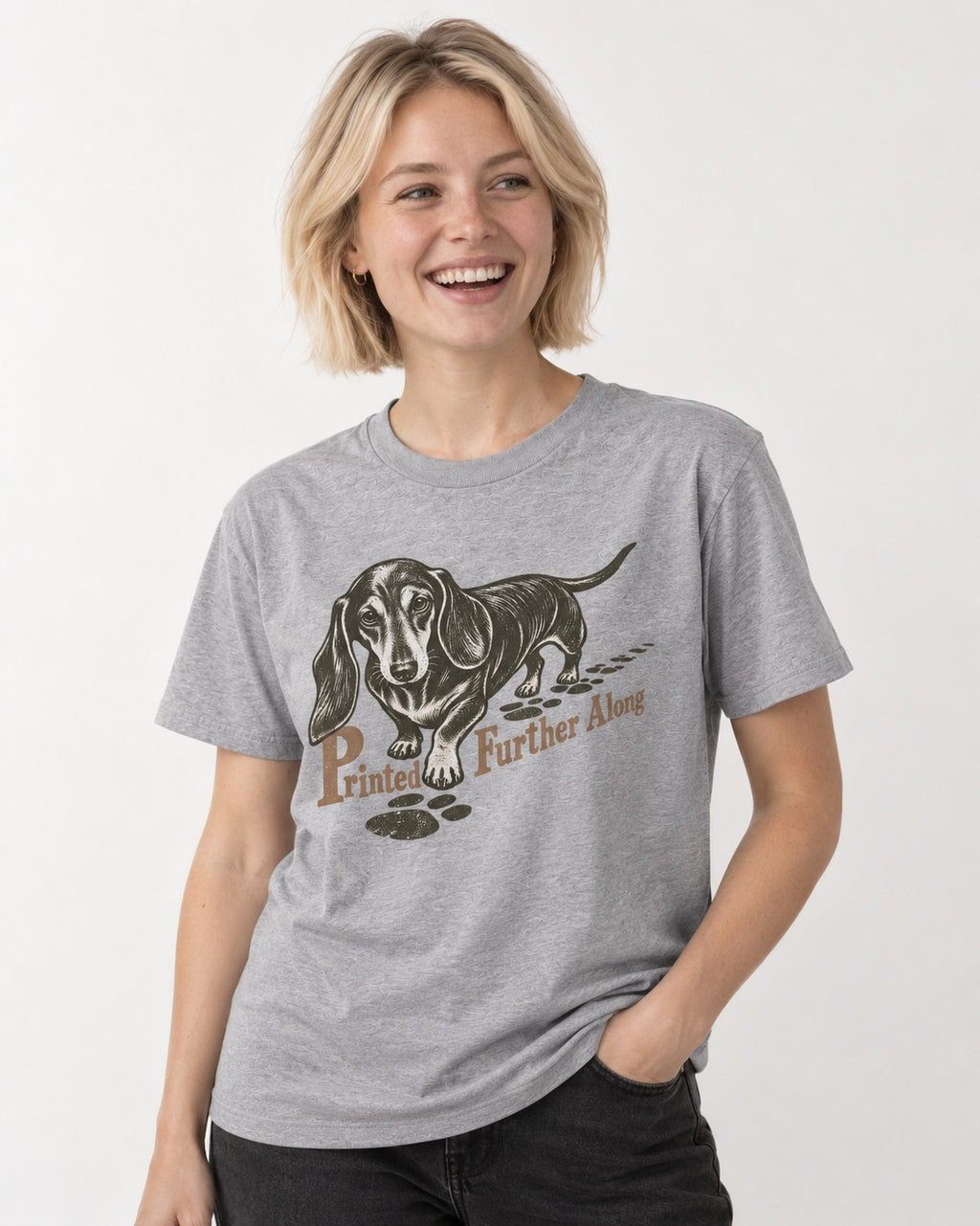 Dachshund Printed Further Along Footprint Graphic T-Shirt in Sport Grey, worn by a model