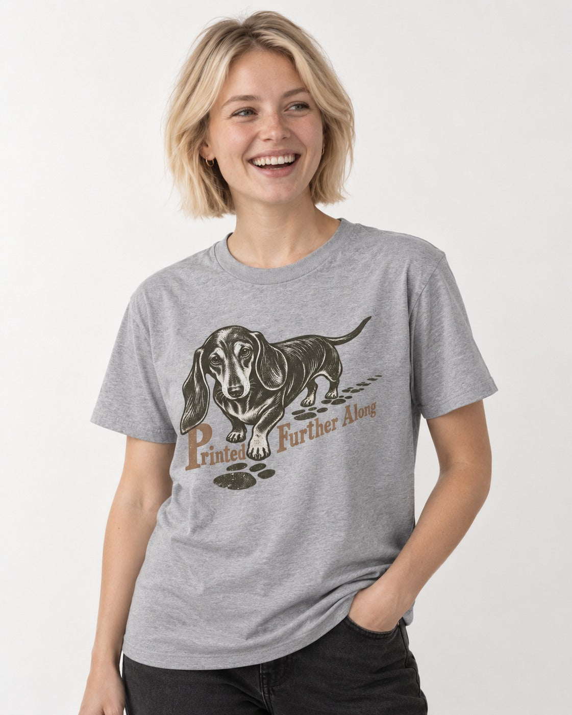 Dachshund Printed Further Along Footprint Graphic T-Shirt in Sport Grey, worn by a model