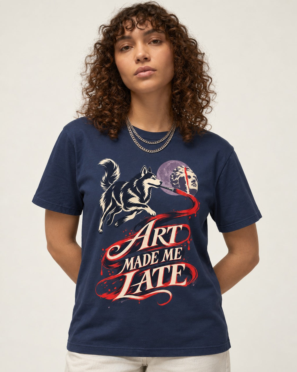 Husky Art Made Me Late Paintbrush Graphic T-Shirt in Navy, worn by a model