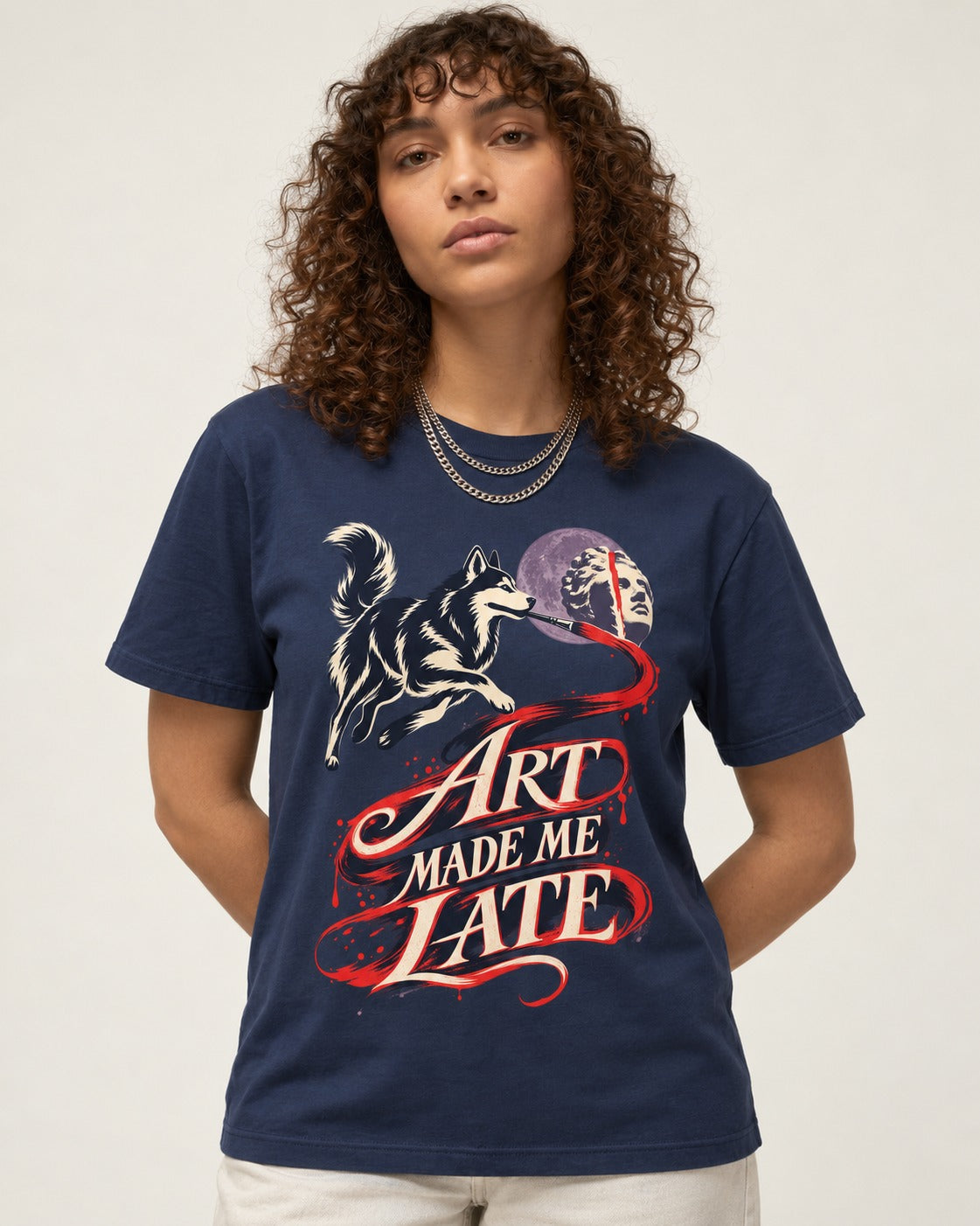 Husky Art Made Me Late Paintbrush Graphic T-Shirt in Navy, worn by a model
